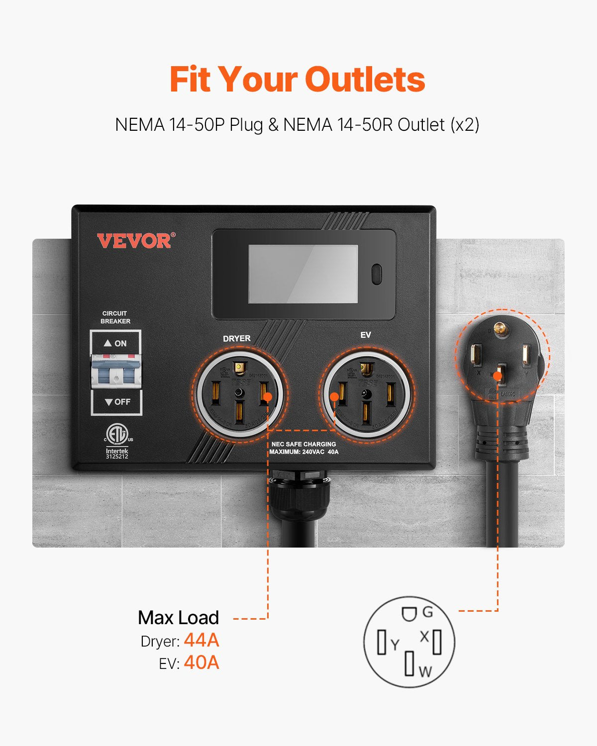 VEVOR NEMA Splitter for Dryer and EV NEMA 14-50P 2x 14-50R 3.4'' LCD Screen ETL 