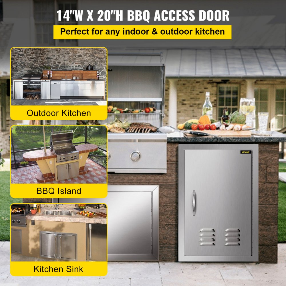 VEVOR Outdoor Kitchen 14W x 20H Inch Wall Construction Stainless Steel Flush Mount for BBQ Island, Single Door with Vents 