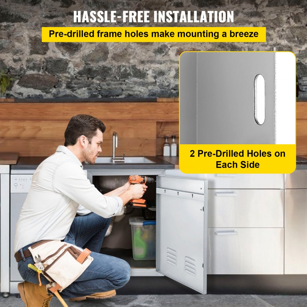 VEVOR Outdoor Kitchen 14W x 20H Inch Wall Construction Stainless Steel Flush Mount for BBQ Island, Single Door with Vents 