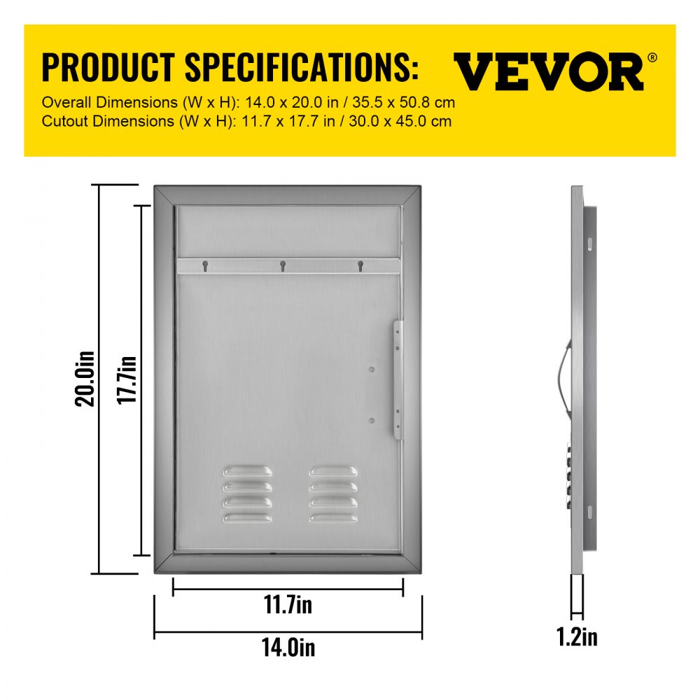 VEVOR Outdoor Kitchen 14W x 20H Inch Wall Construction Stainless Steel Flush Mount for BBQ Island, Single Door with Vents 