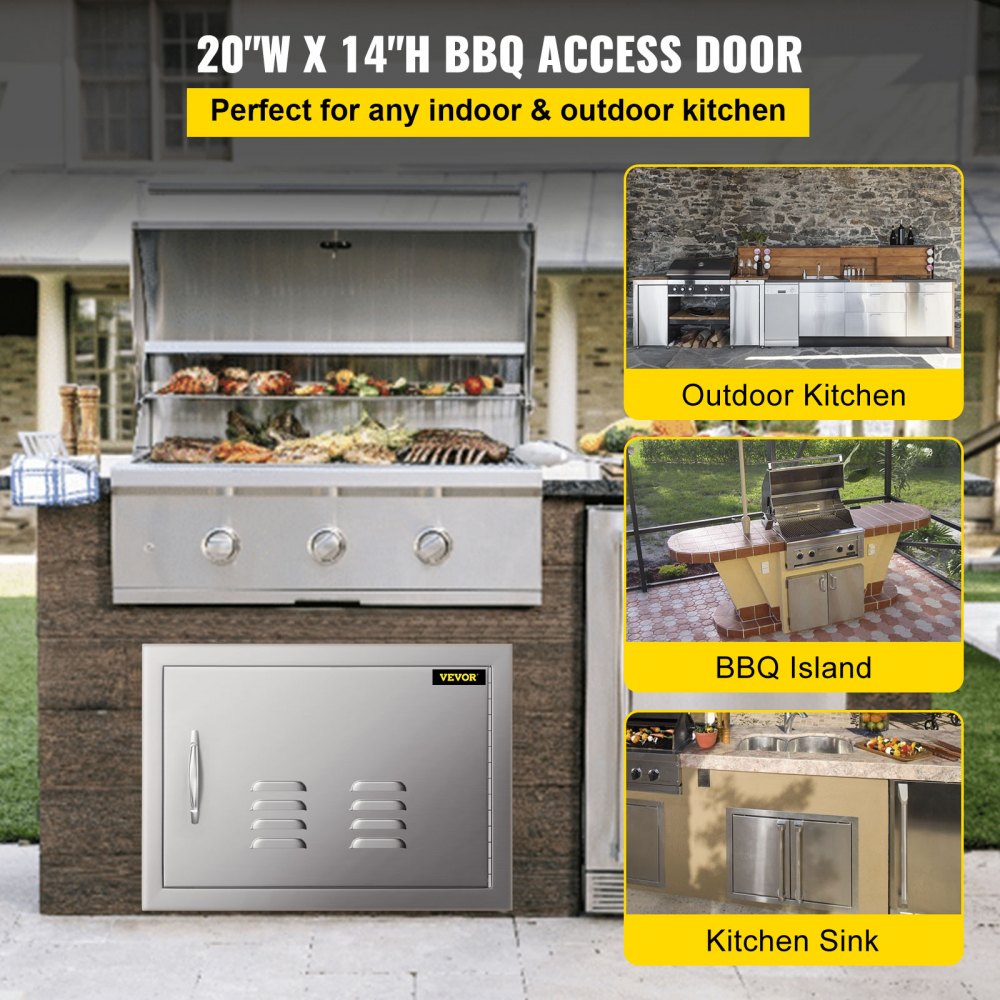 VEVOR 20W x 14H Inch BBQ Access Single Door with Vents Horizontal BBQ Island Door Stainless Steel Outdoor Kitchen Doors for Commercial BBQ Grid 