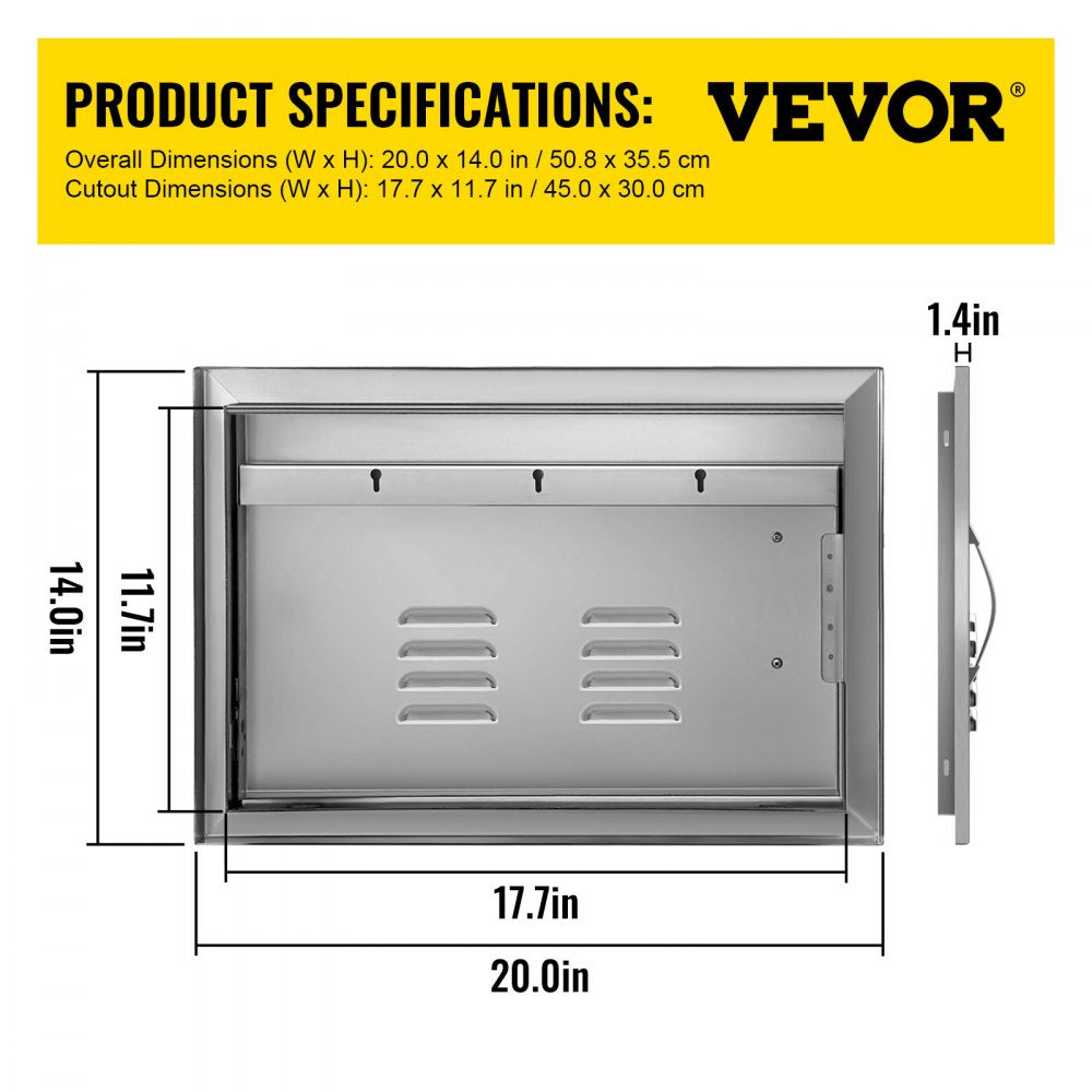 VEVOR 20W x 14H Inch BBQ Access Single Door with Vents Horizontal BBQ Island Door Stainless Steel Outdoor Kitchen Doors for Commercial BBQ Grid 