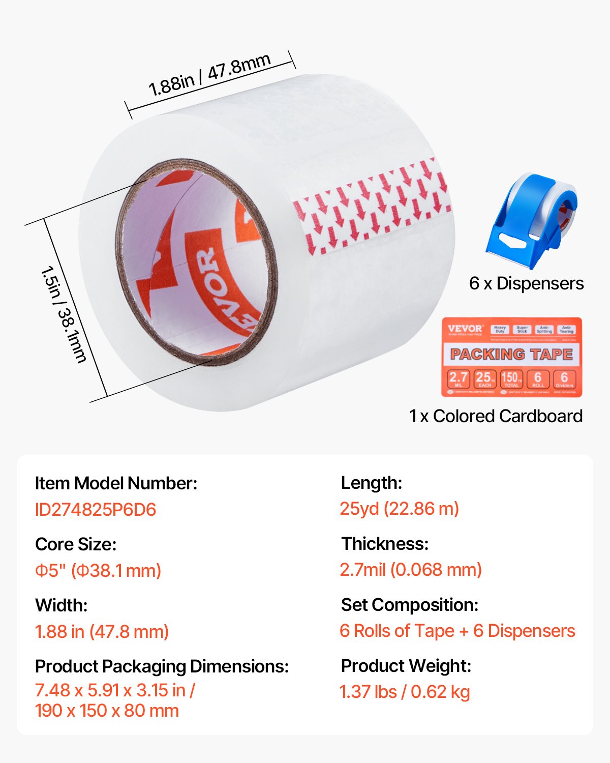 VEVOR Packing Tape 6 Rolls 25 Yards Clear Shipping Tape with Dispenser 2.7 Mil 