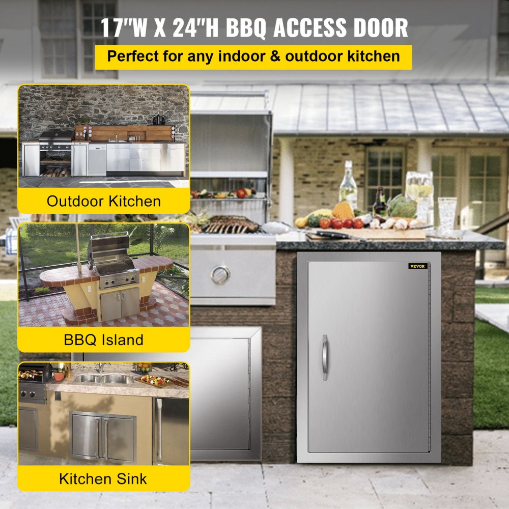 VEVOR BBQ Access Door 17W x 24H Inch, Vertical Single BBQ Door Stainless Steel, Outdoor Kitchen Doors for BBQ Island, Grill Station, Outdoor Cabinet 
