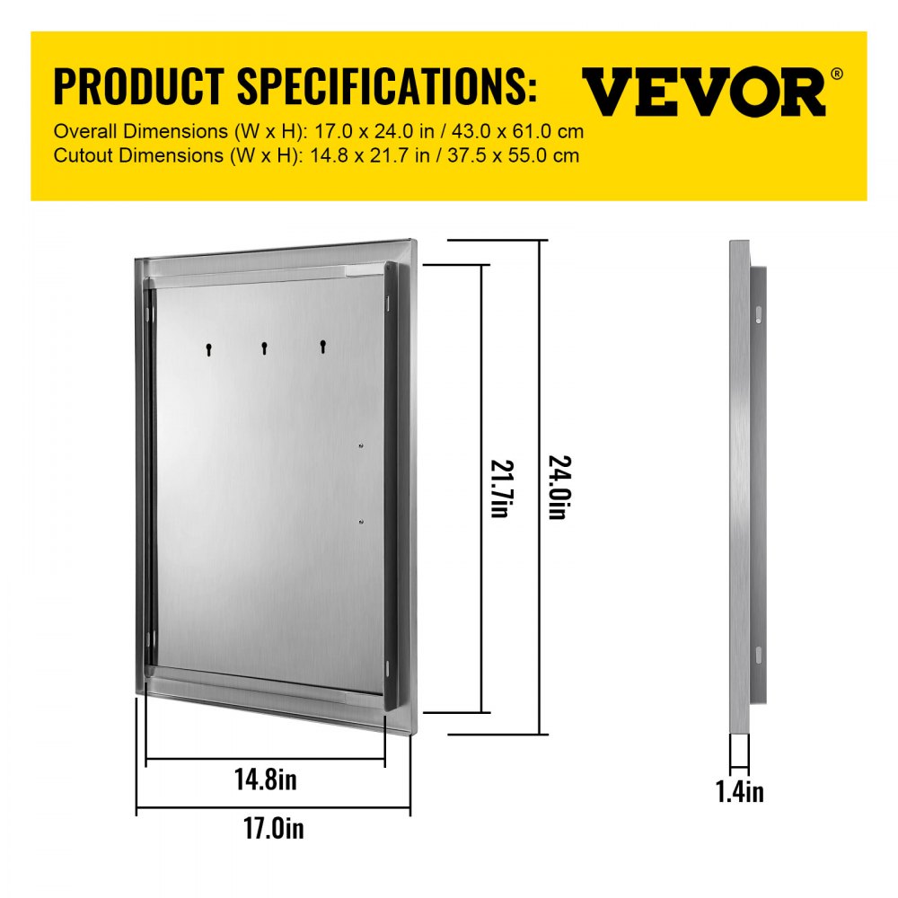 VEVOR BBQ Access Door 17W x 24H Inch, Vertical Single BBQ Door Stainless Steel, Outdoor Kitchen Doors for BBQ Island, Grill Station, Outdoor Cabinet 