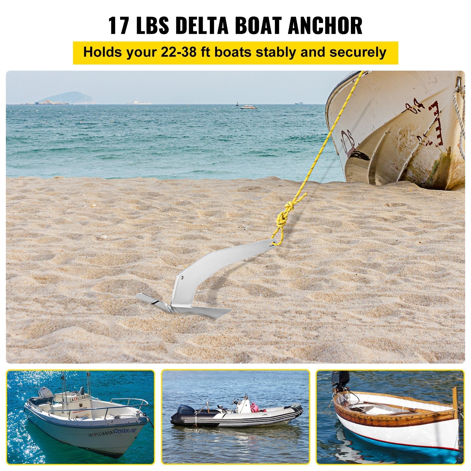 VEVOR Delta Style Boat Anchor 17 LB Boat Anchor Stainless Steel Delta Style 22-38 FT Anchor for Boats 