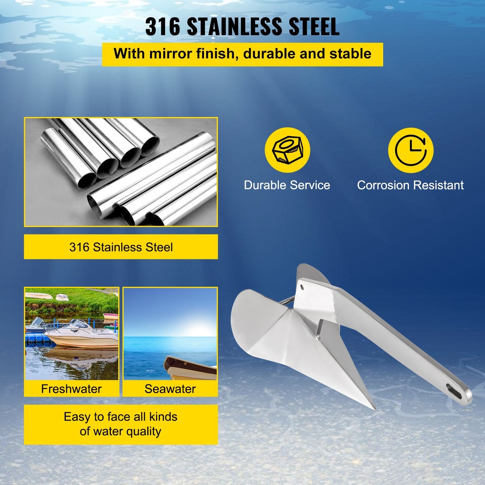 VEVOR Delta Style Boat Anchor 17 LB Boat Anchor Stainless Steel Delta Style 22-38 FT Anchor for Boats 