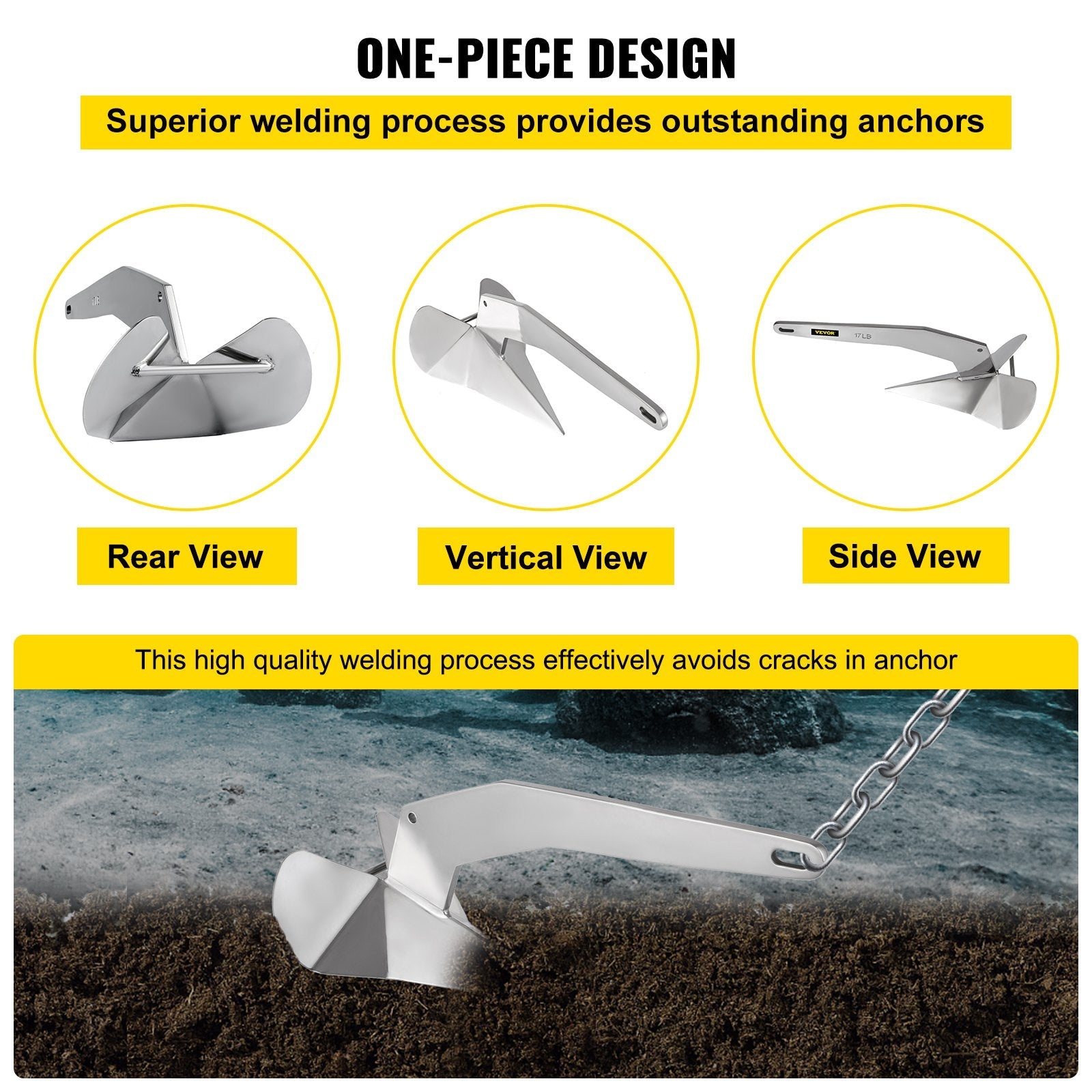 VEVOR Delta Style Boat Anchor 17 LB Boat Anchor Stainless Steel Delta Style 22-38 FT Anchor for Boats 