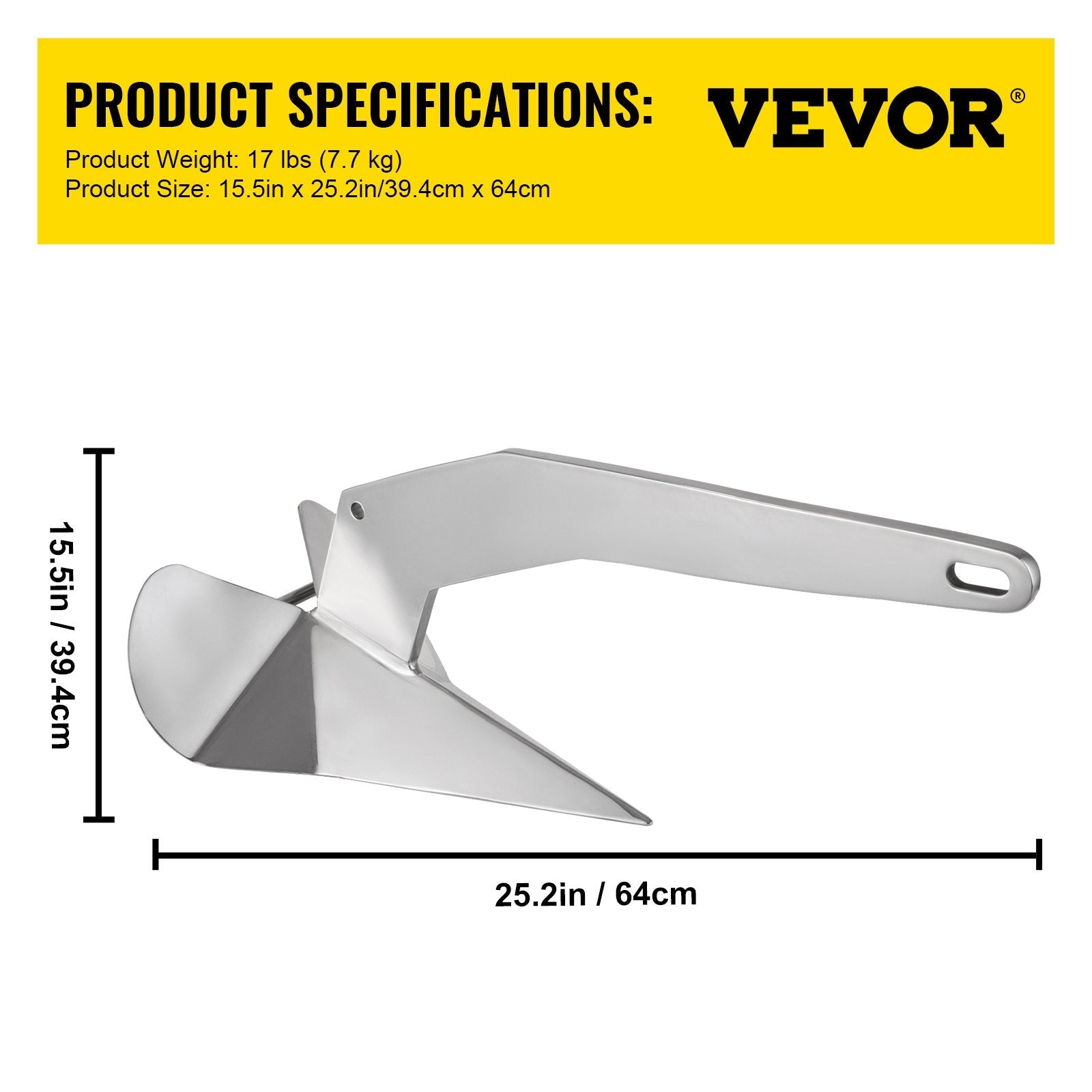 VEVOR Delta Style Boat Anchor 17 LB Boat Anchor Stainless Steel Delta Style 22-38 FT Anchor for Boats 