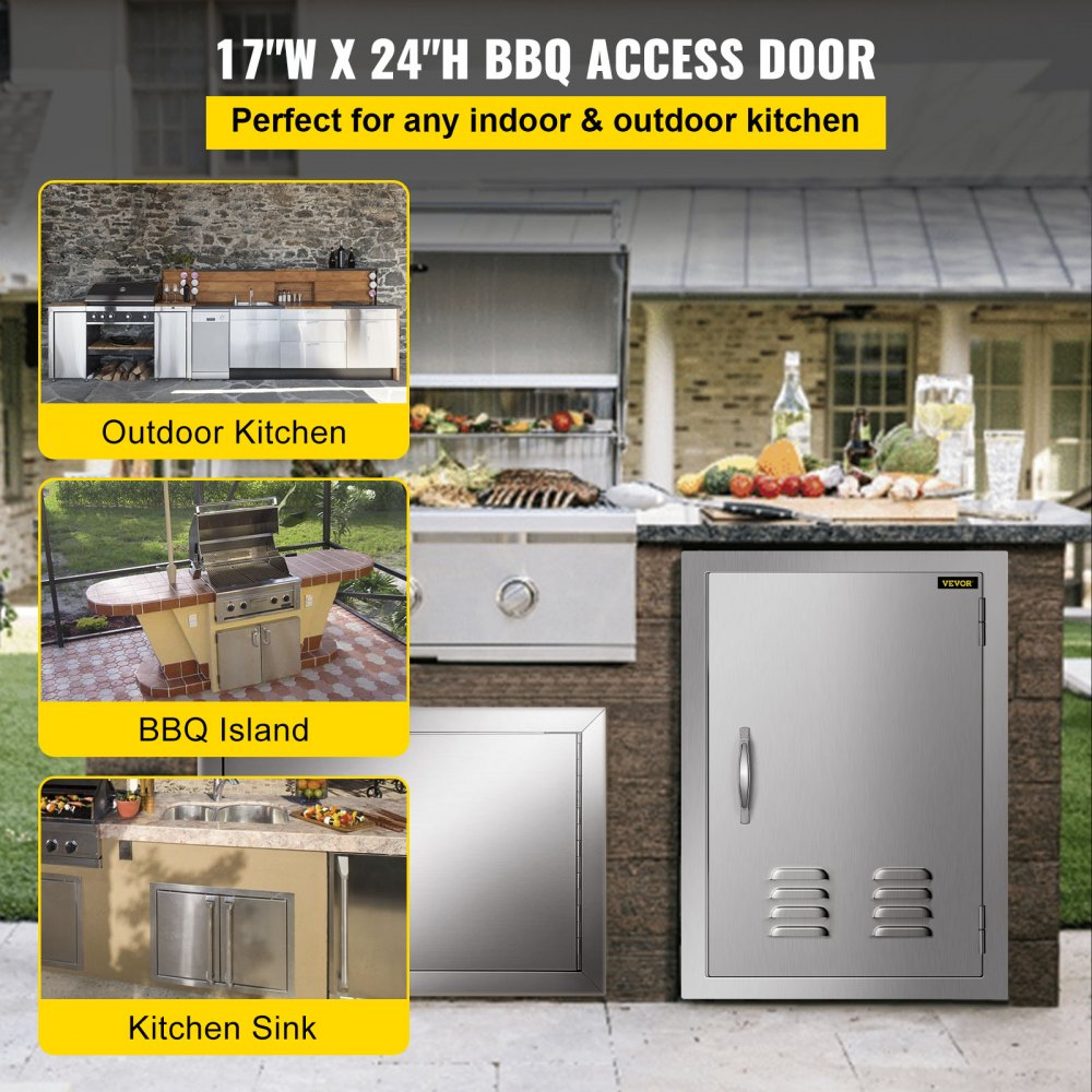 VEVOR BBQ Access Door 17 x 24 Inch Vertical Island Door with Vents Stainless Steel Single Access Door Flush Mount Outdoor Kitchen 
