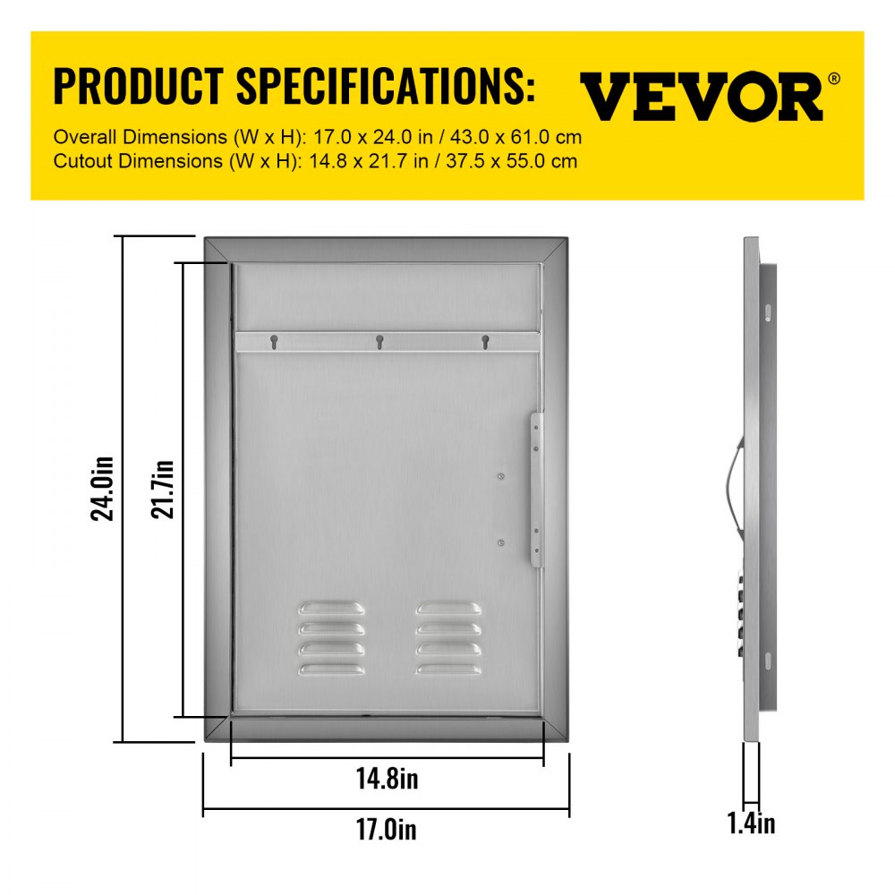 VEVOR BBQ Access Door 17 x 24 Inch Vertical Island Door with Vents Stainless Steel Single Access Door Flush Mount Outdoor Kitchen 