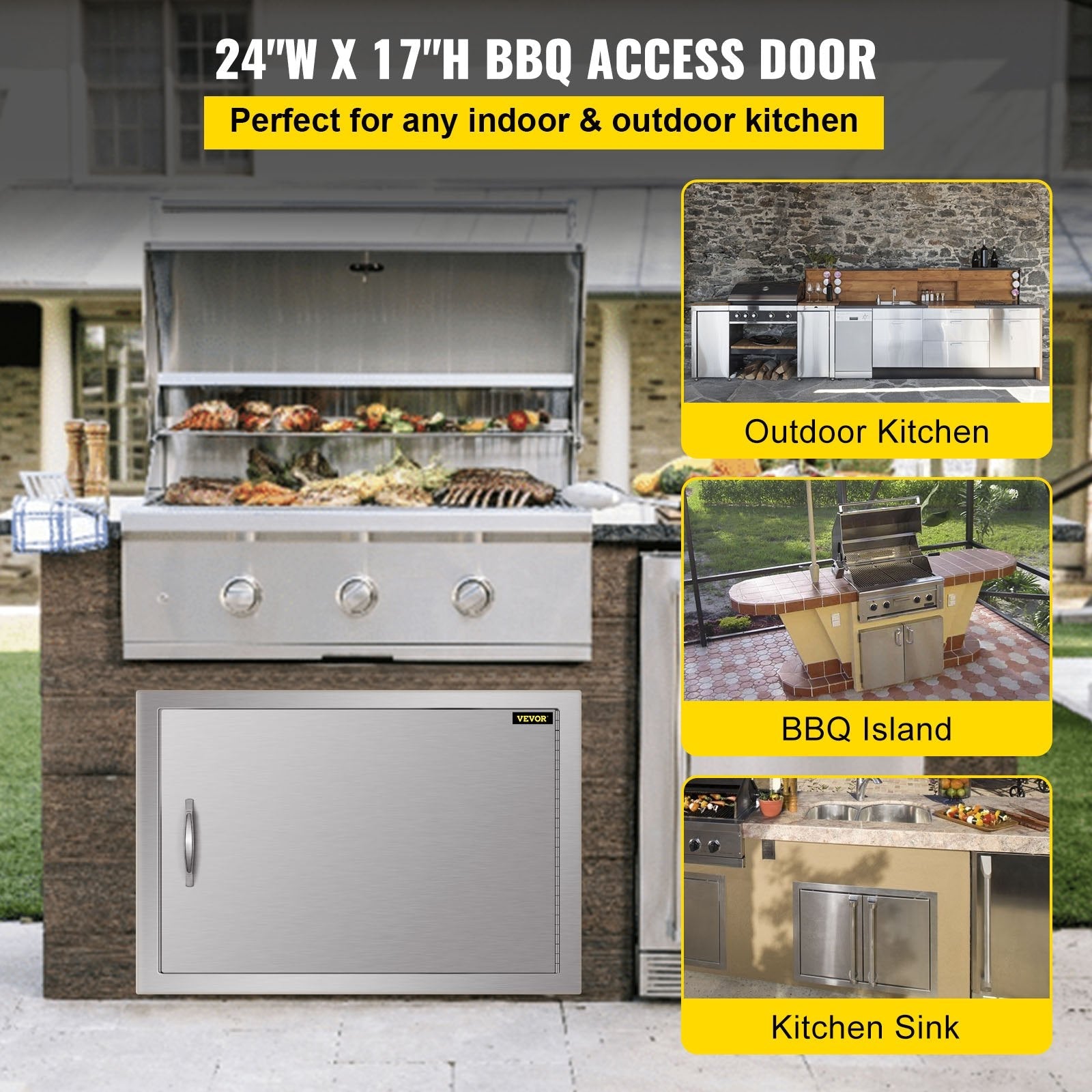 VEVOR BBQ Access Door 24W x 17H Inch, Horizontal Single BBQ Door Stainless Steel, Outdoor Kitchen Doors for BBQ Island, Grill Station, Outside Cabinet 