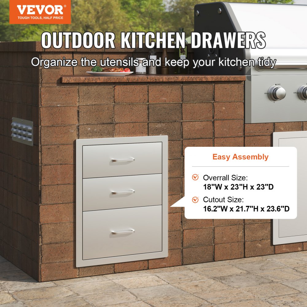 VEVOR 18x23 Inch Outdoor Kitchen Stainless Steel Triple Access BBQ Drawers with Chrome Handle, 18 x23 x 23 Inch 