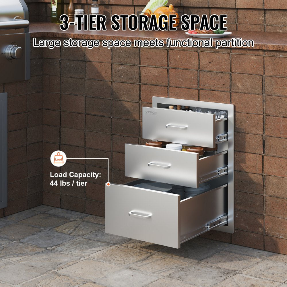 VEVOR 18x23 Inch Outdoor Kitchen Stainless Steel Triple Access BBQ Drawers with Chrome Handle, 18 x23 x 23 Inch 