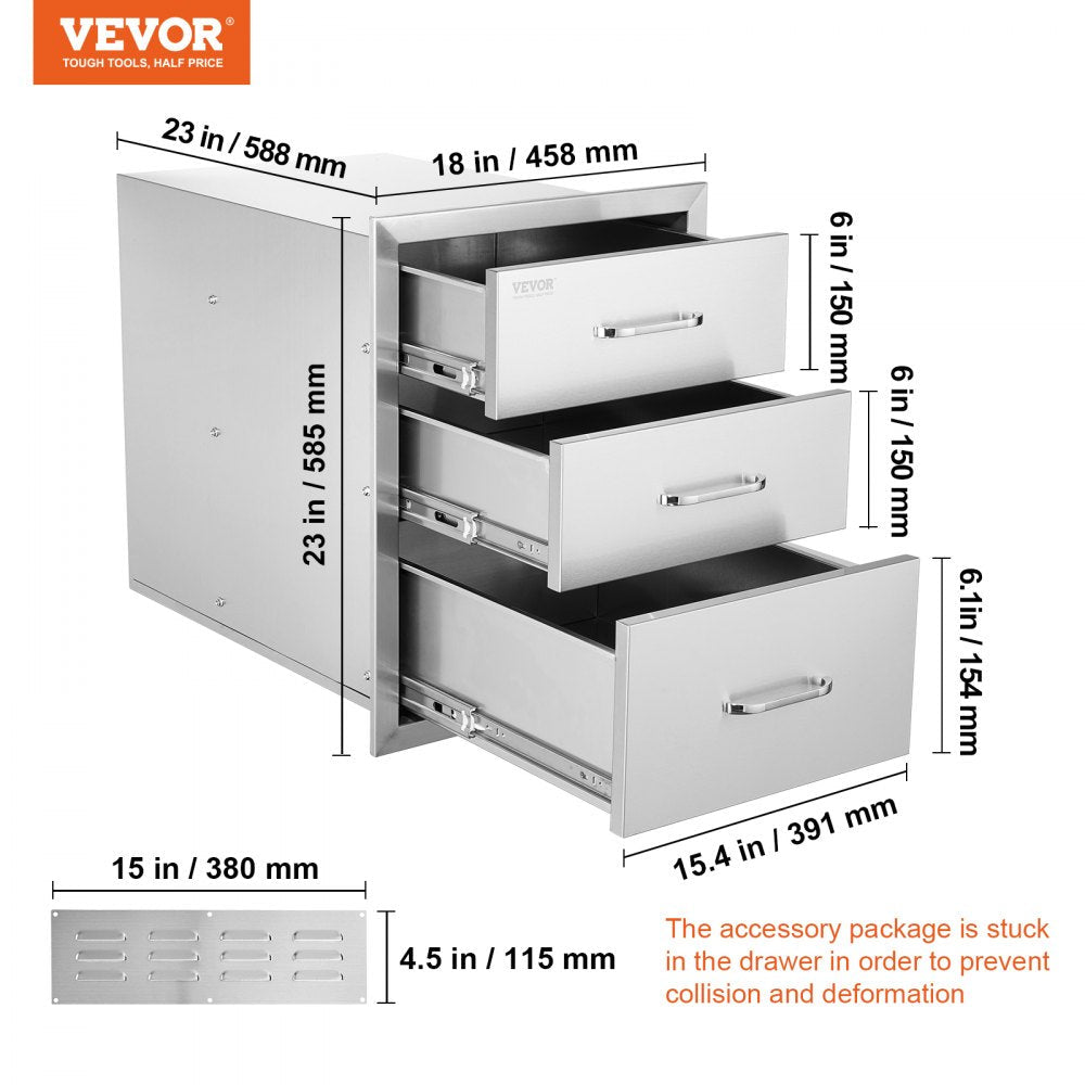 VEVOR 18x23 Inch Outdoor Kitchen Stainless Steel Triple Access BBQ Drawers with Chrome Handle, 18 x23 x 23 Inch 