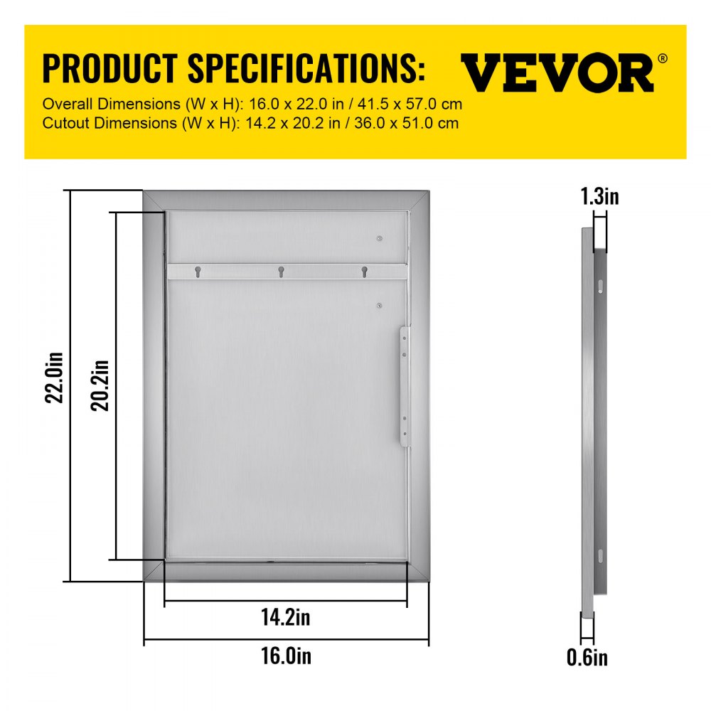 VEVOR Right Hinged Single Access Door 16 x 22 Inch Vertical Island Door Stainless Steel Access Door Flush Mount for Outdoor Kitchen 