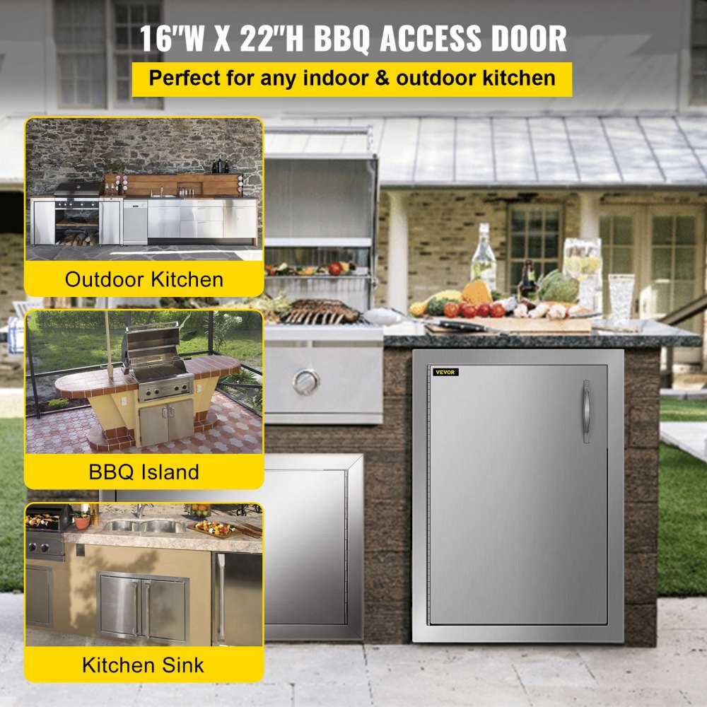 VEVOR BBQ Access Door 16 x 22 Inch Vertical Outdoor Kitchen Door Left Hinged Stainless Steel Access Door for Outdoor Kitchen 