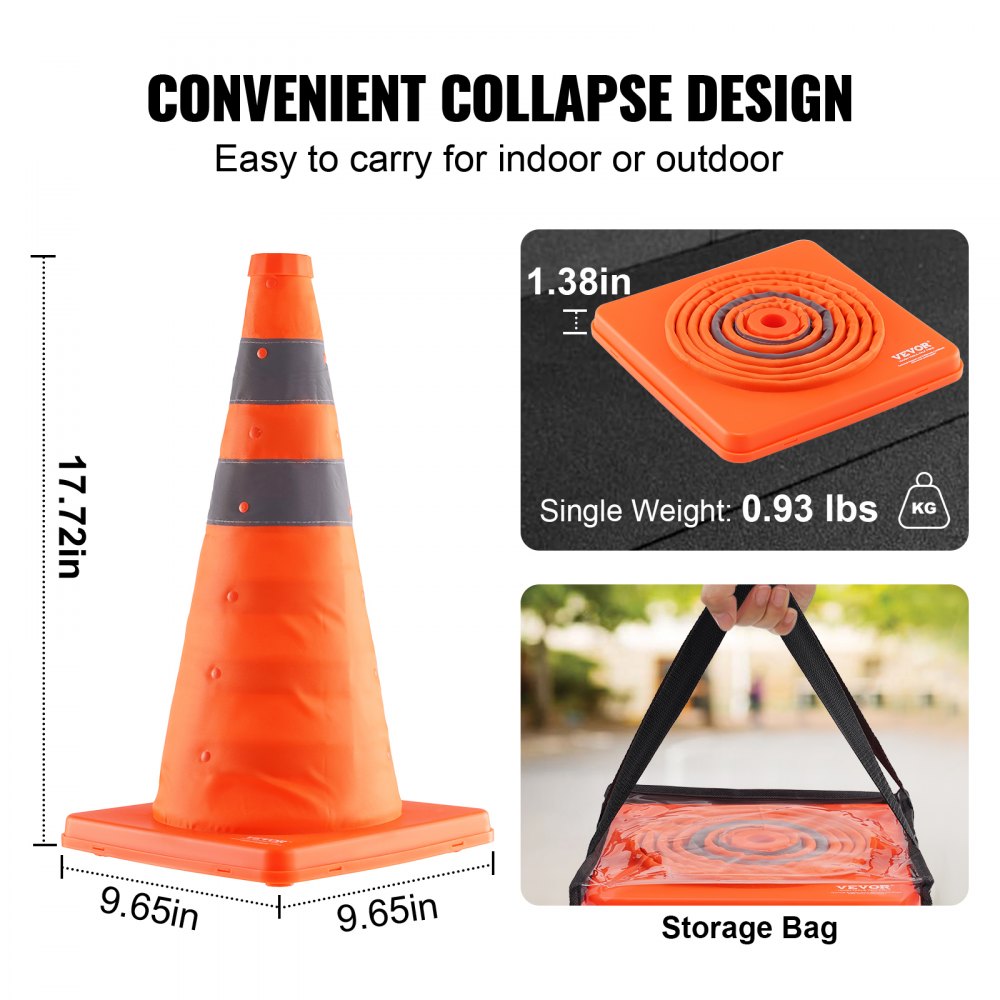 VEVOR Safety Cones, 2 Pack 18 inch Collapsible Traffic Cones, Construction Cones with Reflective Collars, Wide Base and A Storage Bag, for Traffic Control, Driving Training, Parking Lots 