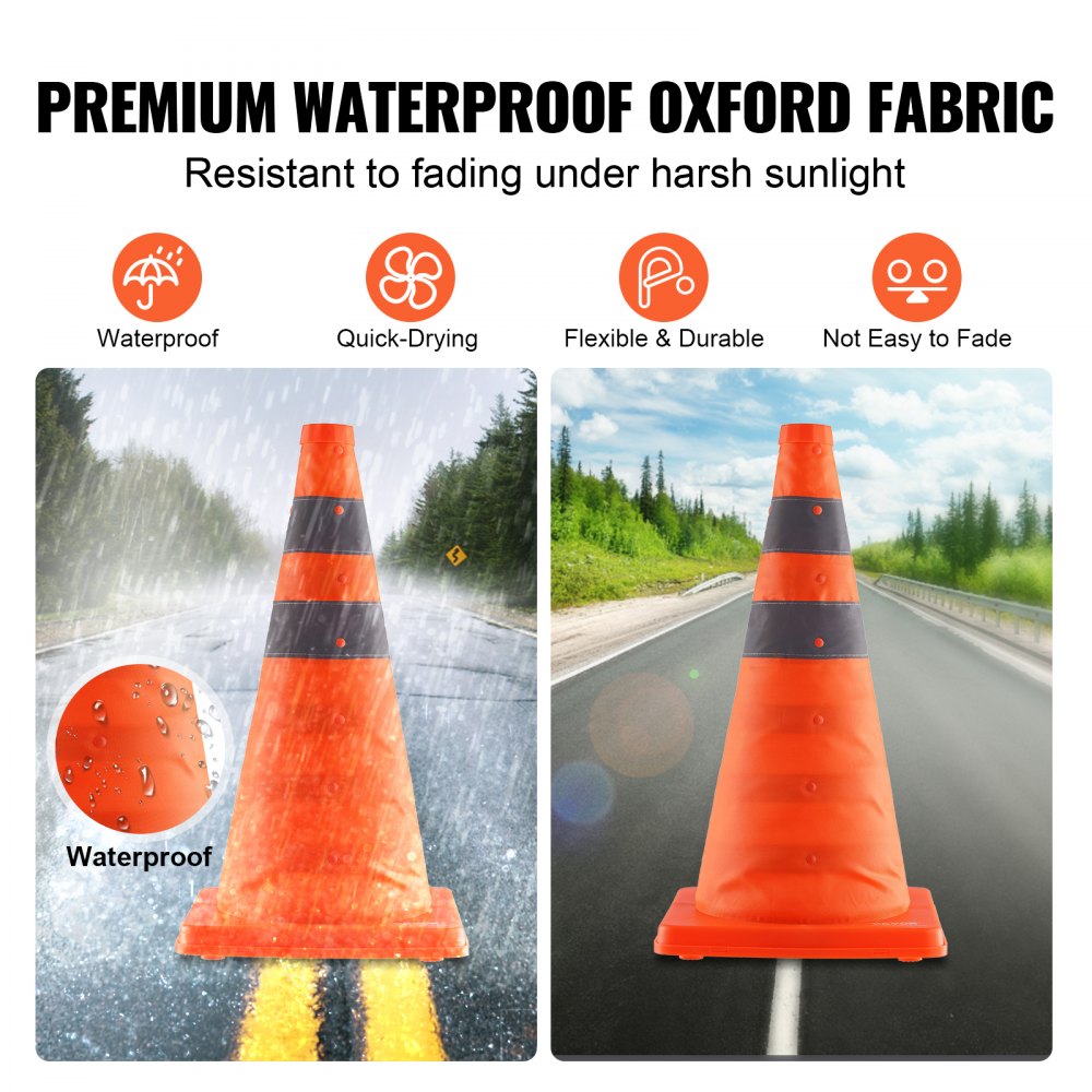 VEVOR Safety Cones, 2 Pack 18 inch Collapsible Traffic Cones, Construction Cones with Reflective Collars, Wide Base and A Storage Bag, for Traffic Control, Driving Training, Parking Lots 