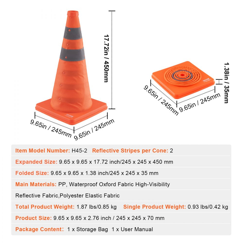 VEVOR Safety Cones, 2 Pack 18 inch Collapsible Traffic Cones, Construction Cones with Reflective Collars, Wide Base and A Storage Bag, for Traffic Control, Driving Training, Parking Lots 