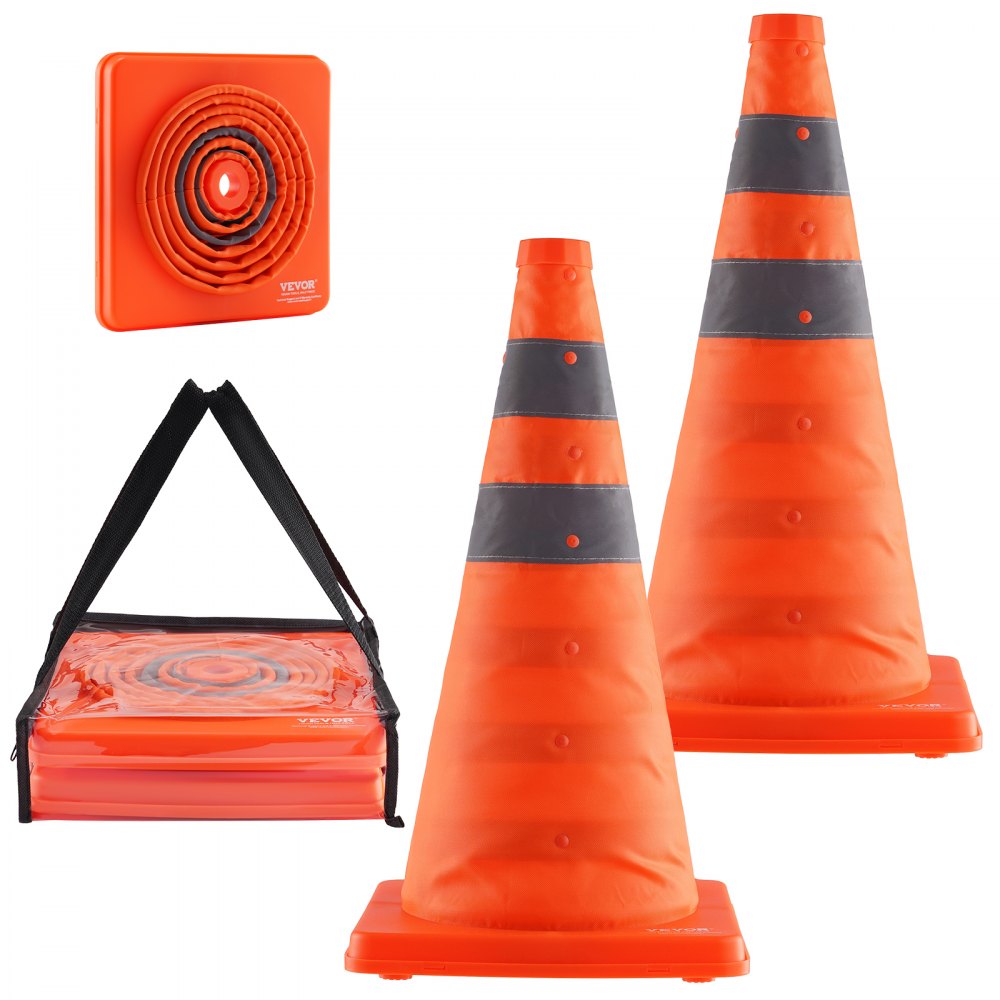 VEVOR Safety Cones, 2 Pack 18 inch Collapsible Traffic Cones, Construction Cones with Reflective Collars, Wide Base and A Storage Bag, for Traffic Control, Driving Training, Parking Lots 