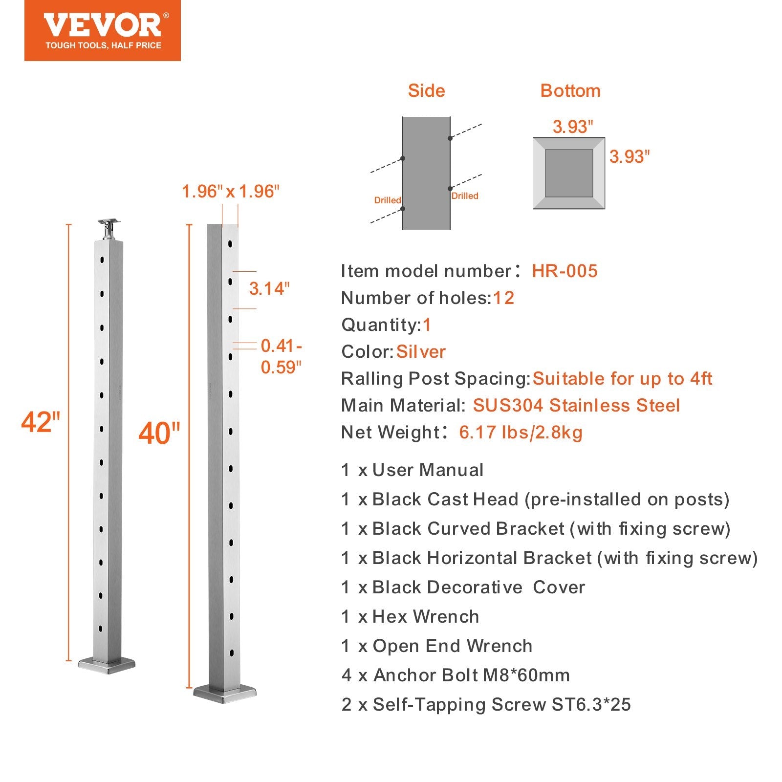 VEVOR Cable Railing Post, 42" x 2" x 2" Steel 30° Angled Hole Stair Railing Post, 12 Pre-Drilled Holes, SUS304 Stainless Steel Cable Rail Post with Horizontal and Curved Bracket, 1-Pack, Silver 