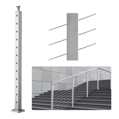 VEVOR Cable Railing Post, 42" x 2" x 2" Steel 30° Angled Hole Stair Railing Post, 12 Pre-Drilled Holes, SUS304 Stainless Steel Cable Rail Post with Horizontal and Curved Bracket, 1-Pack, Silver 