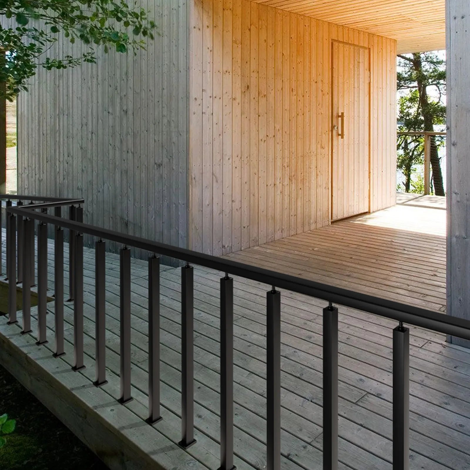 VEVOR Cable Railing Post, 36" x 2" x 2" Steel Level Deck Railing Post Without Holes, SUS304 Stainless Steel Cable Rail Post, Stair Handrail Post with Horizontal and Curved Bracket, 1-Pack, Black