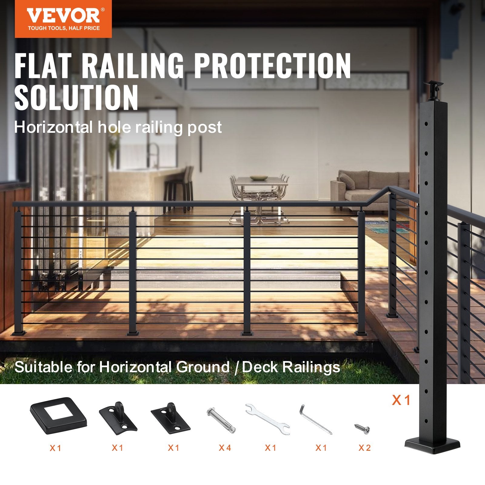 VEVOR Cable Railing Post, 36" x 2" x 2" Steel Horizontal Hole Deck Railing Post, 10 Pre-Drilled Holes, SUS304 Stainless Steel Cable Rail Post with Horizontal and Curved Bracket, 1-Pack, Black 