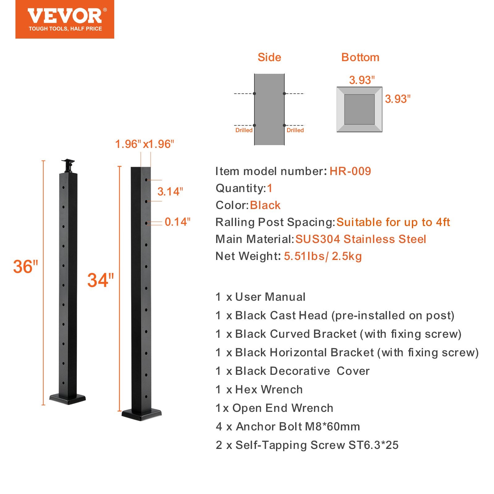 VEVOR Cable Railing Post, 36" x 2" x 2" Steel Horizontal Hole Deck Railing Post, 10 Pre-Drilled Holes, SUS304 Stainless Steel Cable Rail Post with Horizontal and Curved Bracket, 1-Pack, Black 