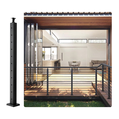 VEVOR Cable Railing Post, 36" x 2" x 2" Steel Horizontal Hole Deck Railing Post, 10 Pre-Drilled Holes, SUS304 Stainless Steel Cable Rail Post with Horizontal and Curved Bracket, 1-Pack, Black 