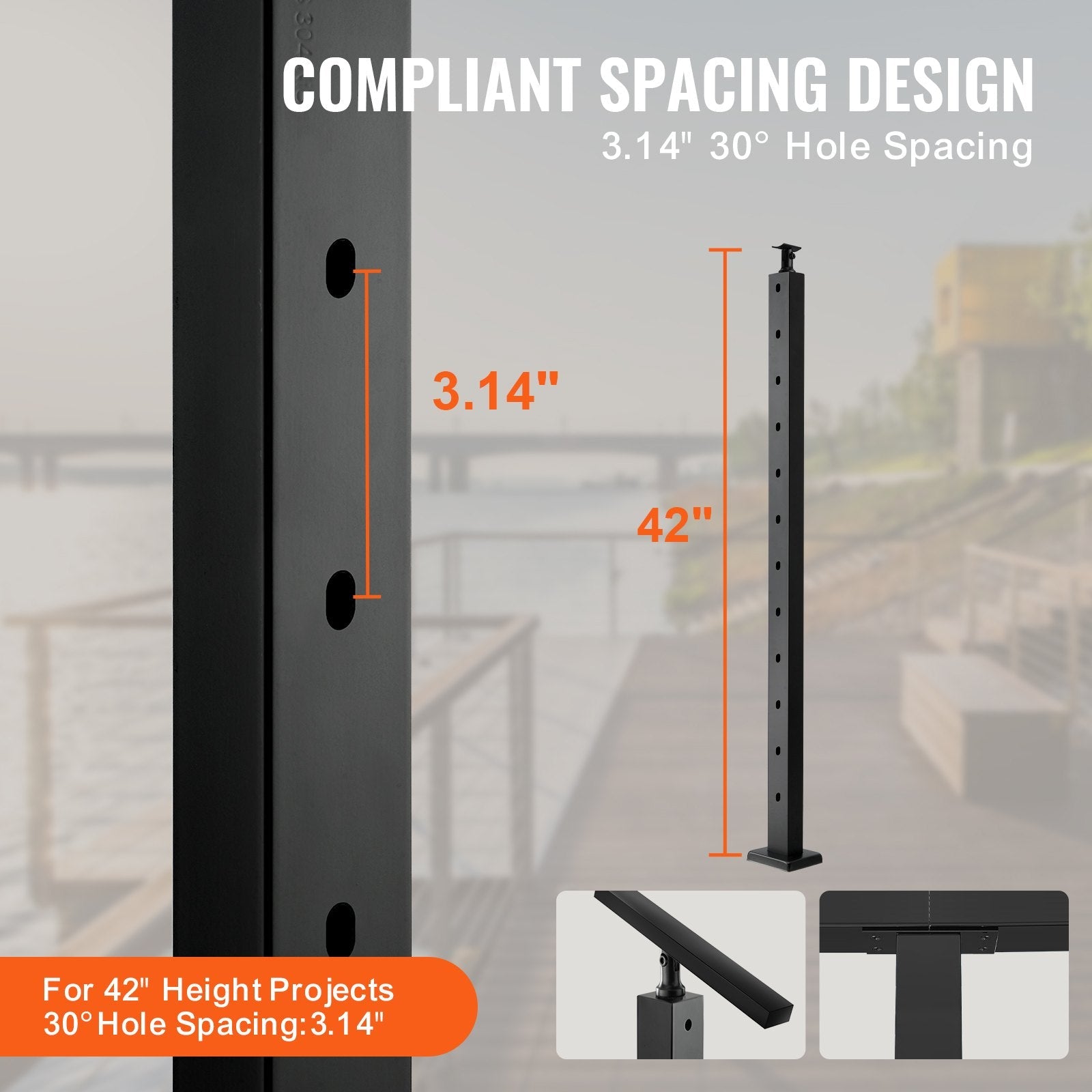 VEVOR Cable Railing Post, 42" x 1" x 2" Steel 30° Angled Hole Stair Railing Post, 12 Pre-Drilled Holes, SUS304 Stainless Steel Cable Rail Post with Horizontal and Curved Bracket, 1-Pack, Black 