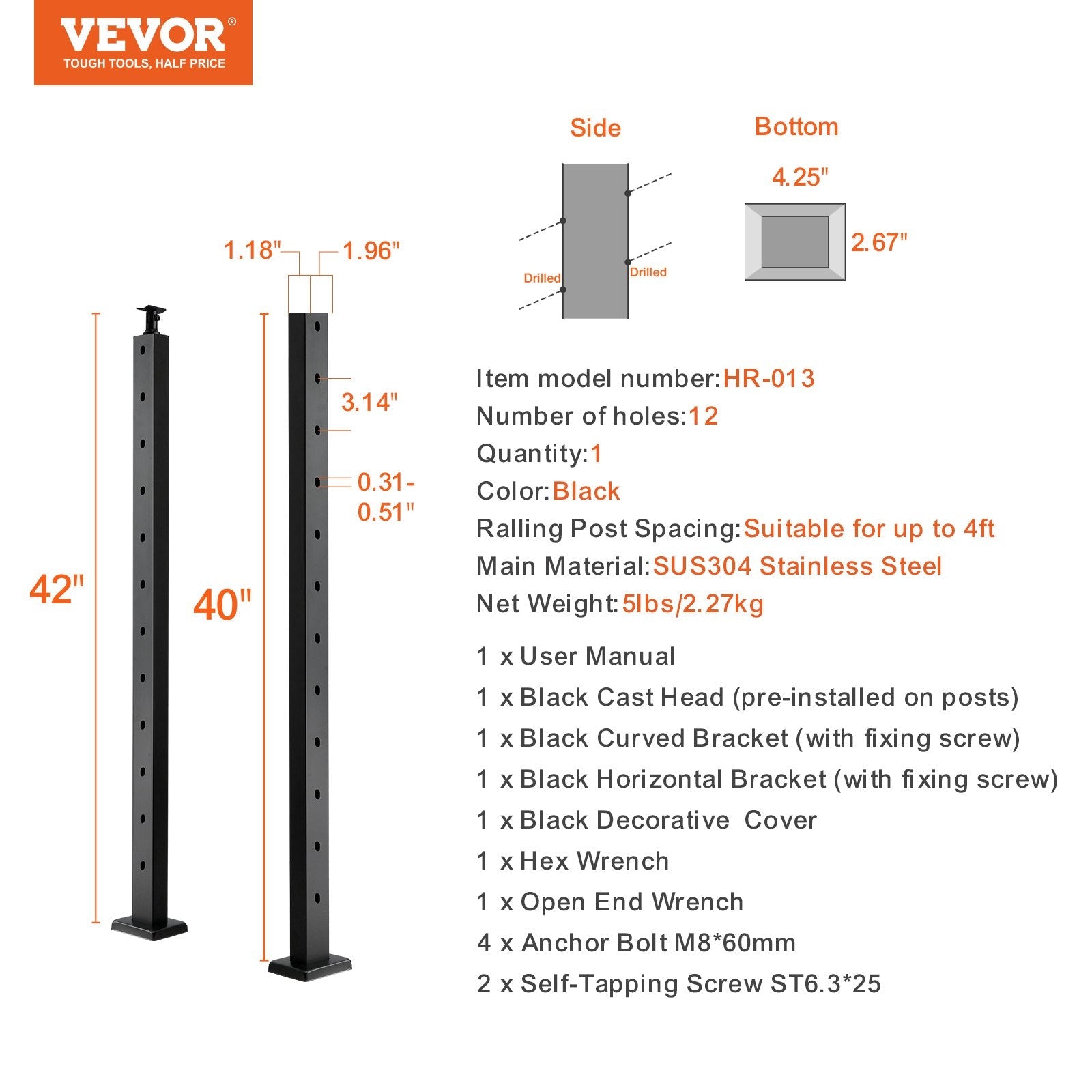 VEVOR Cable Railing Post, 42" x 1" x 2" Steel 30° Angled Hole Stair Railing Post, 12 Pre-Drilled Holes, SUS304 Stainless Steel Cable Rail Post with Horizontal and Curved Bracket, 1-Pack, Black 
