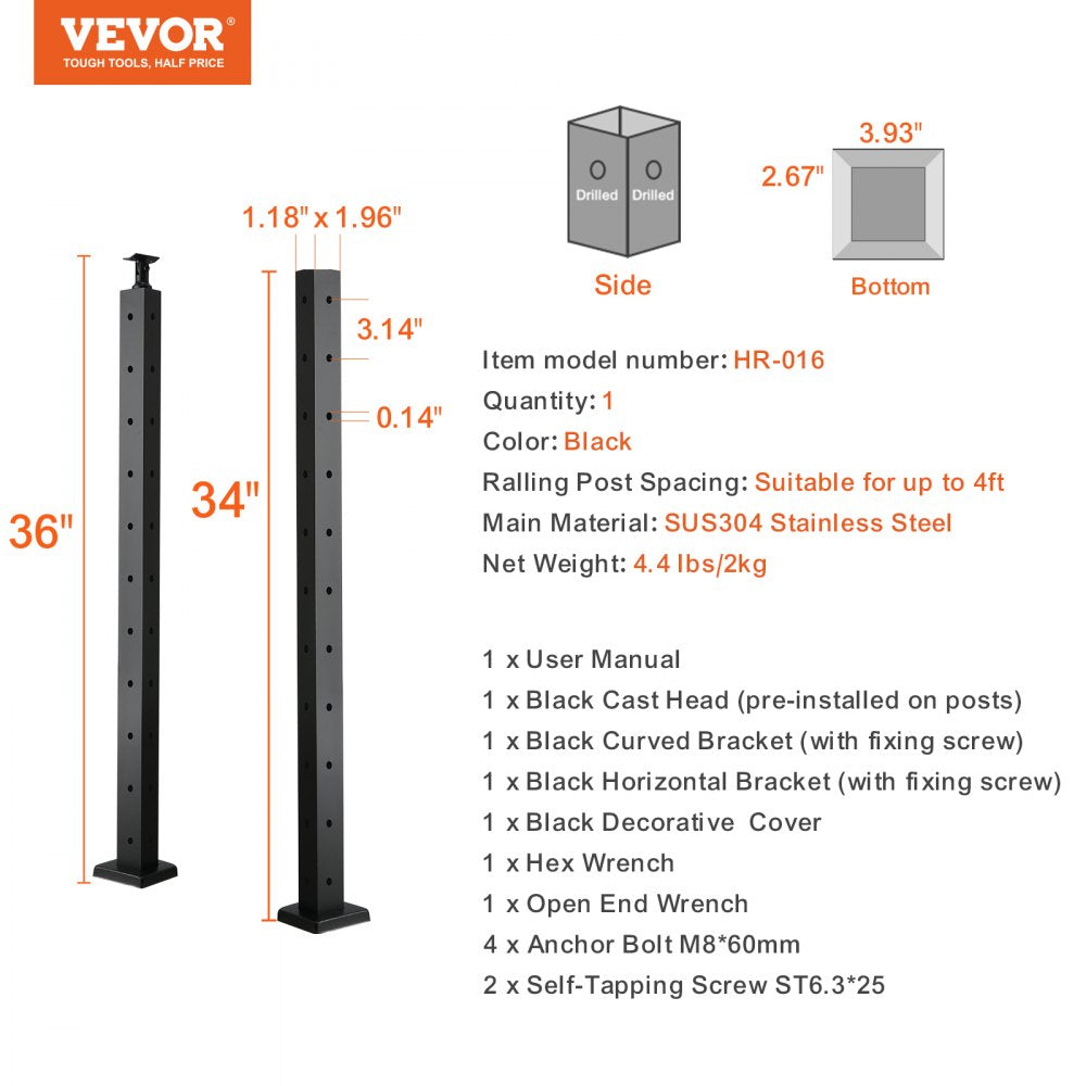 VEVOR Cable Railing Post, 36" x 1" x 2" Steel L-Shaped Hole Corner Railing Post, 10 Pre-Drilled Holes, SUS304 Stainless Steel Cable Rail Post with Horizontal and Curved Bracket, 1-Pack, Black 