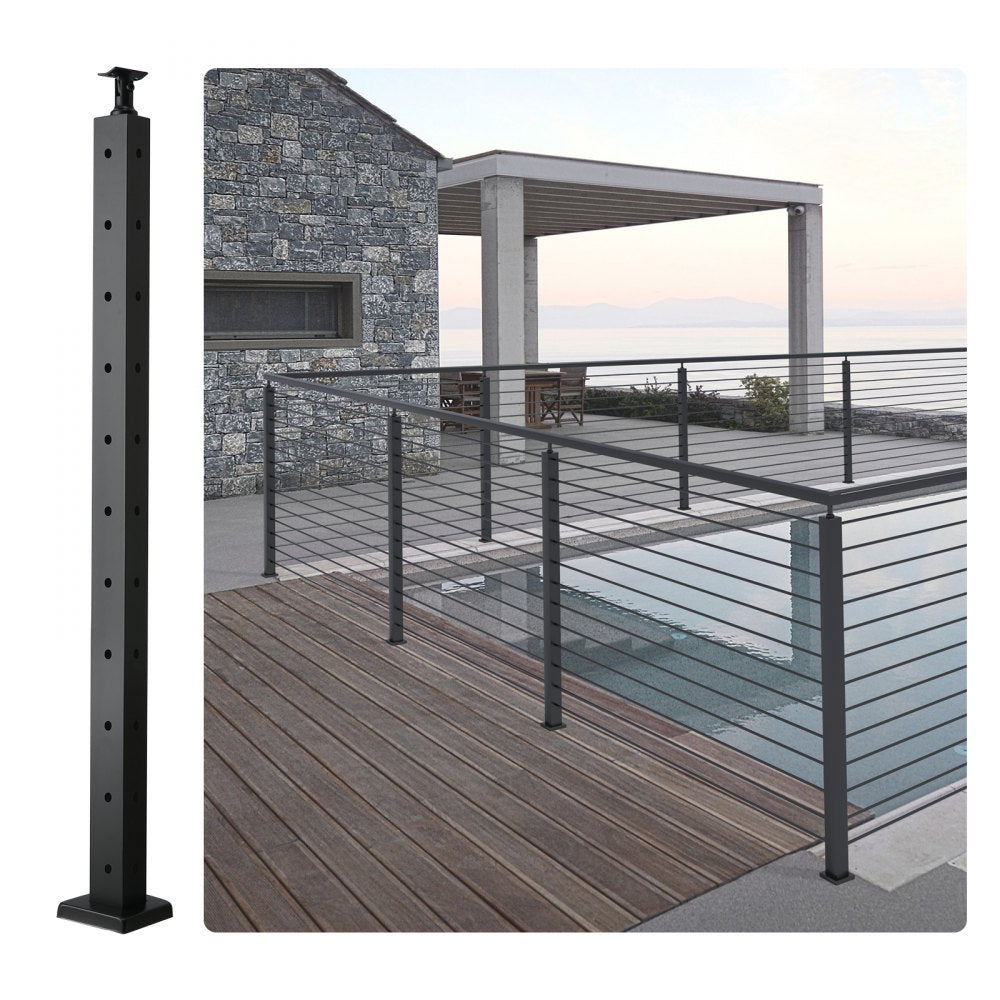 VEVOR Cable Railing Post, 36" x 1" x 2" Steel L-Shaped Hole Corner Railing Post, 10 Pre-Drilled Holes, SUS304 Stainless Steel Cable Rail Post with Horizontal and Curved Bracket, 1-Pack, Black 