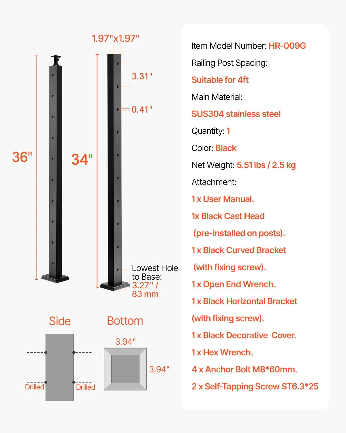 VEVOR Cable Railing Post 36x2x2 In Horizontal-Hole Post 1JZLGZXHS9148RVYS001V0