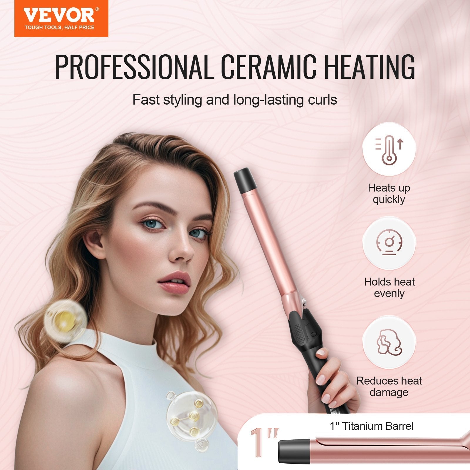 VEVOR 1-Inch Curling Iron Ceramic Hair Curling Wand for All Hair Types Rose Gold 