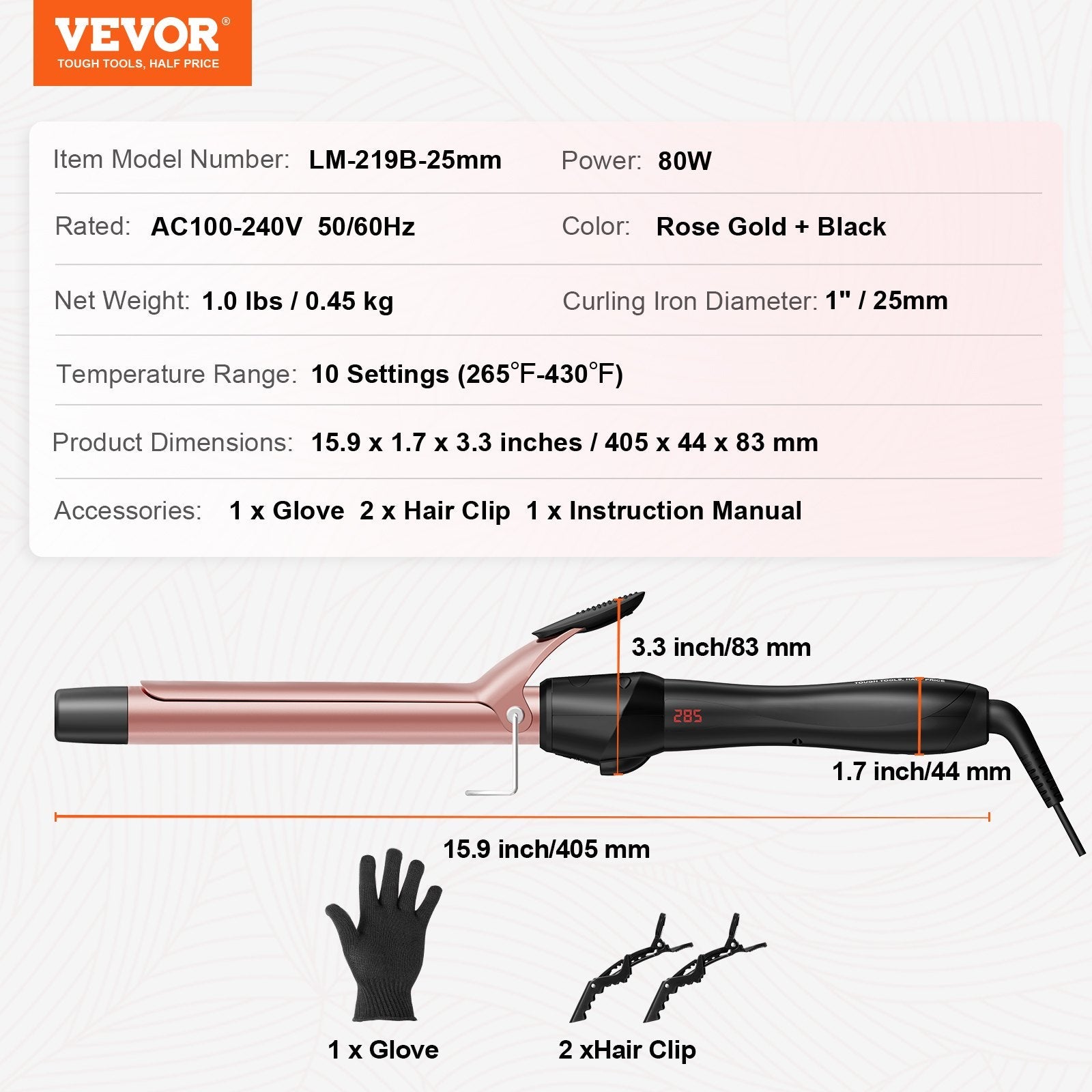 VEVOR 1-Inch Curling Iron Ceramic Hair Curling Wand for All Hair Types Rose Gold 