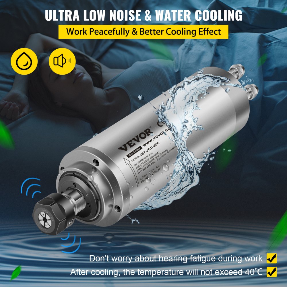 VEVOR Spindle Motor 2.2KW Water Cooled CNC Spindle Motor 2HP ER20 CNC Milling Motor 8000-24000 R/min for PCB Milling Machine 