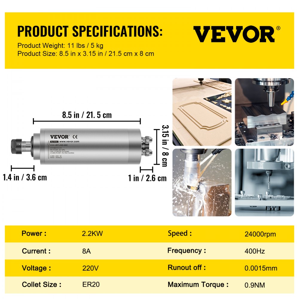 VEVOR Spindle Motor 2.2KW Water Cooled CNC Spindle Motor 2HP ER20 CNC Milling Motor 8000-24000 R/min for PCB Milling Machine 