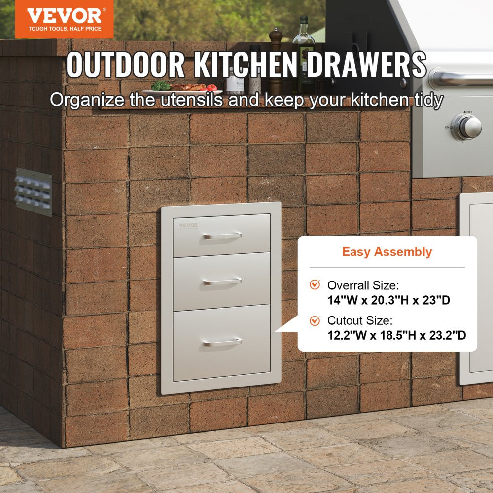 BBQ Island/ Outdoor Kitchen Triple Drawers 20.25"X14" Stainless Steel BBQ Drawer 