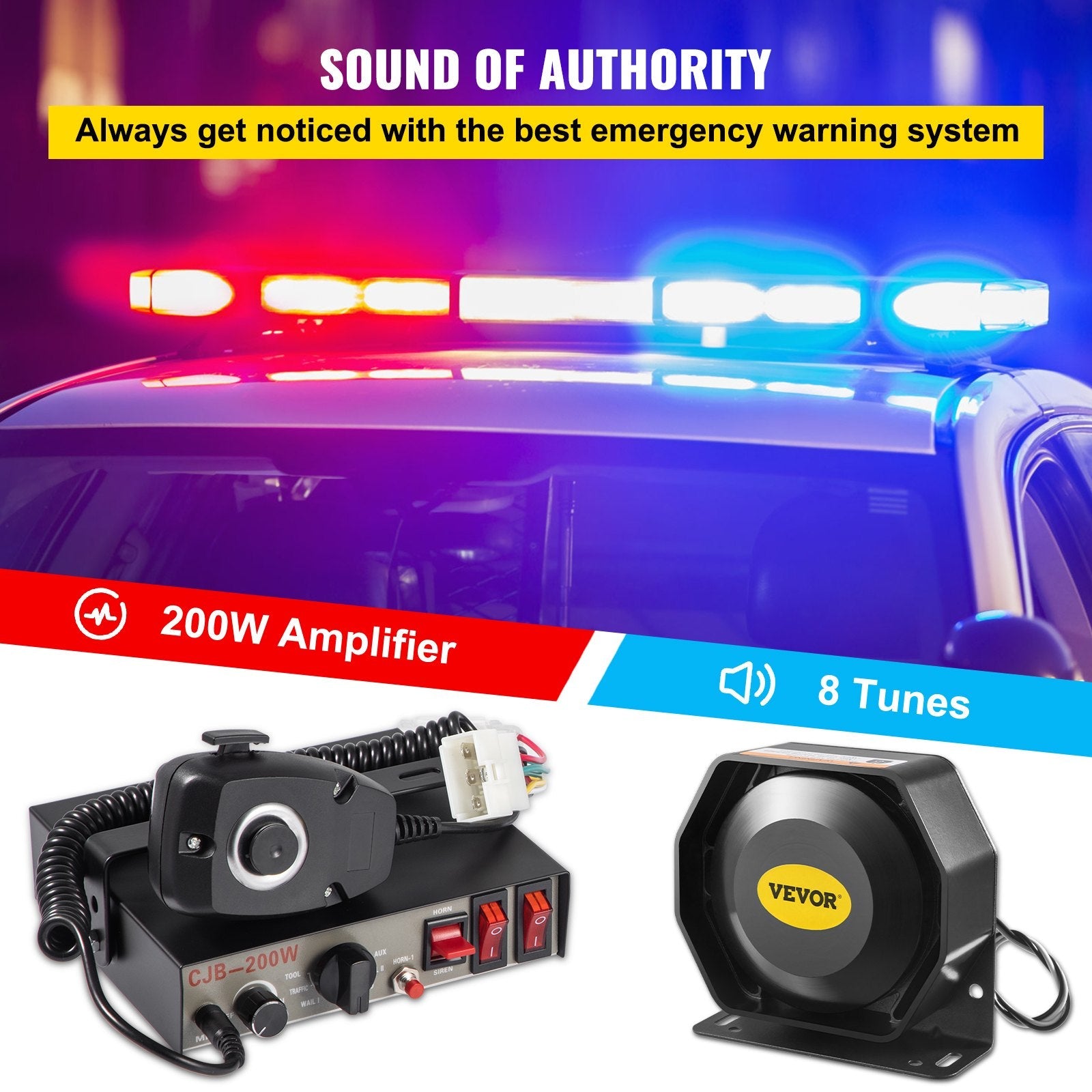 VEVOR Siren Bundle 8 Tones Emergency Warning Siren, 200W, with PA Speaker MIC System Vehicle Siren Box Fit for Police, Ambulance, Fire Fighting and Engineer Vehicles 