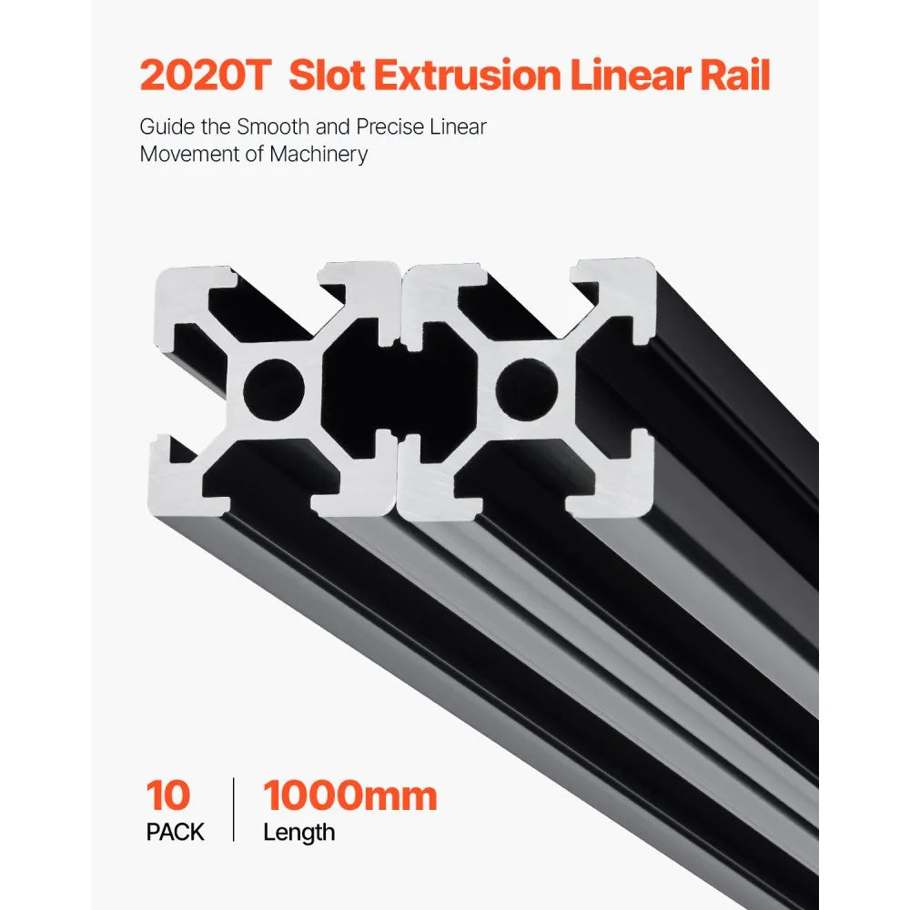 VEVOR 10PCS 2020 Aluminum Extrusion Profile 39.4" (1000mm) T-Slot Linear Rails, European Standard Anodized 6063-T5 Aluminum with Connectors & Hardware for CNC Machines, 3D Printers, Laser Engravers & DIY Projects - Black
