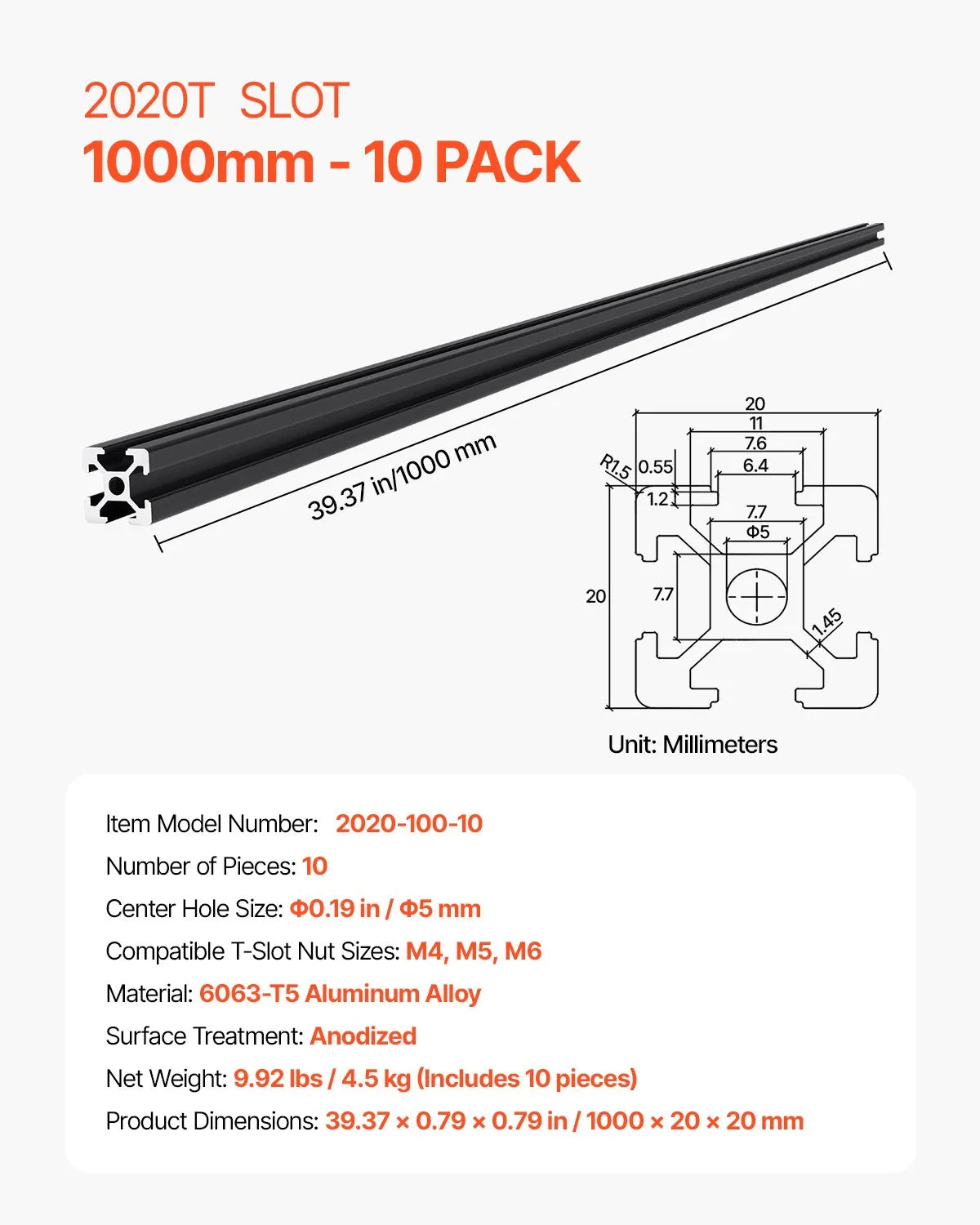 VEVOR 10PCS 2020 Aluminum Extrusion Profile 39.4" (1000mm) T-Slot Linear Rails, European Standard Anodized 6063-T5 Aluminum with Connectors & Hardware for CNC Machines, 3D Printers, Laser Engravers & DIY Projects - Black
