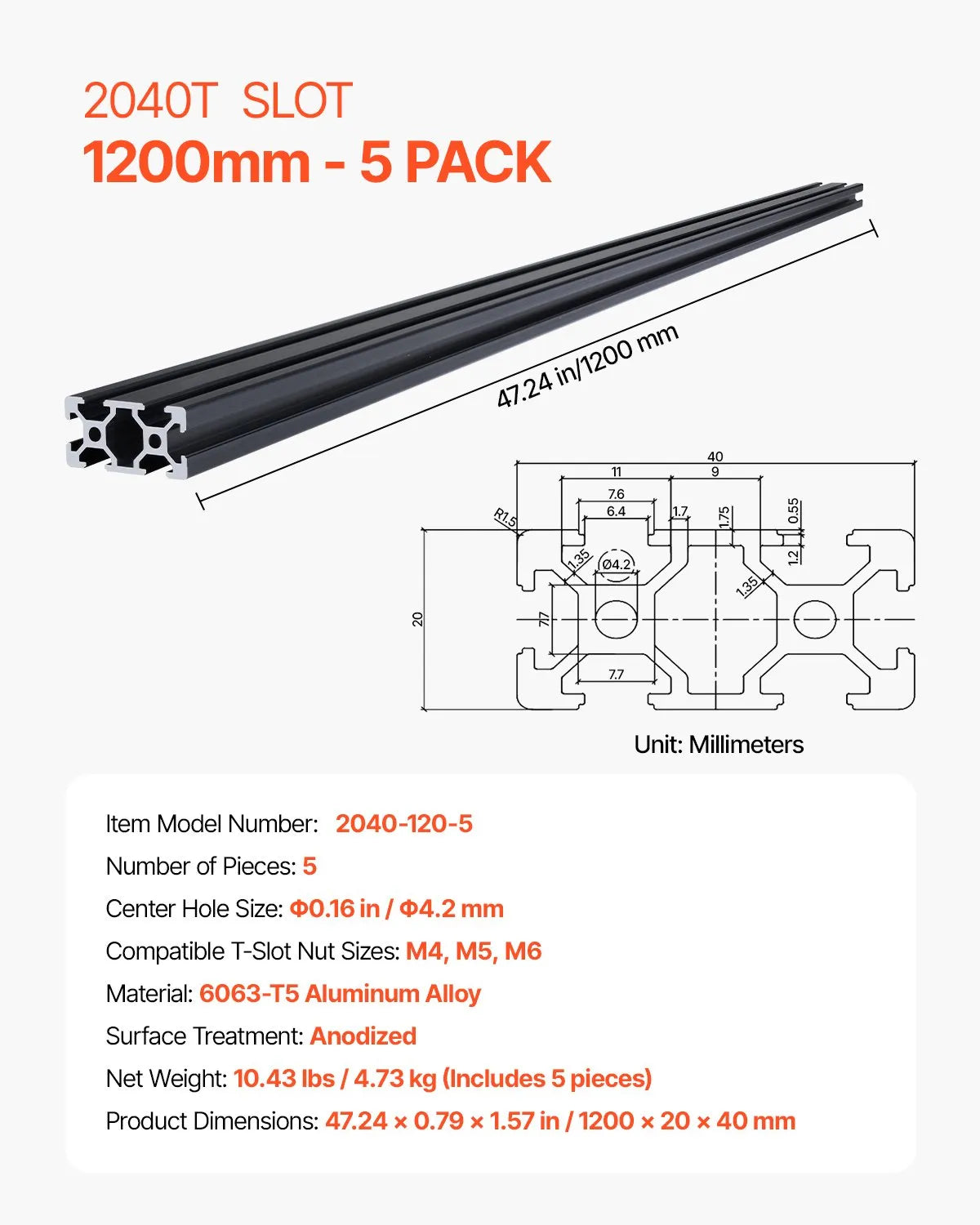 VEVOR 5PCS 2040 Aluminum Extrusion Profile 47.2" (1200mm) T-Slot Linear Rails, European Standard Anodized 6063-T5 Aluminum for CNC Machines, 3D Printers, Laser Engravers & DIY Projects - Black