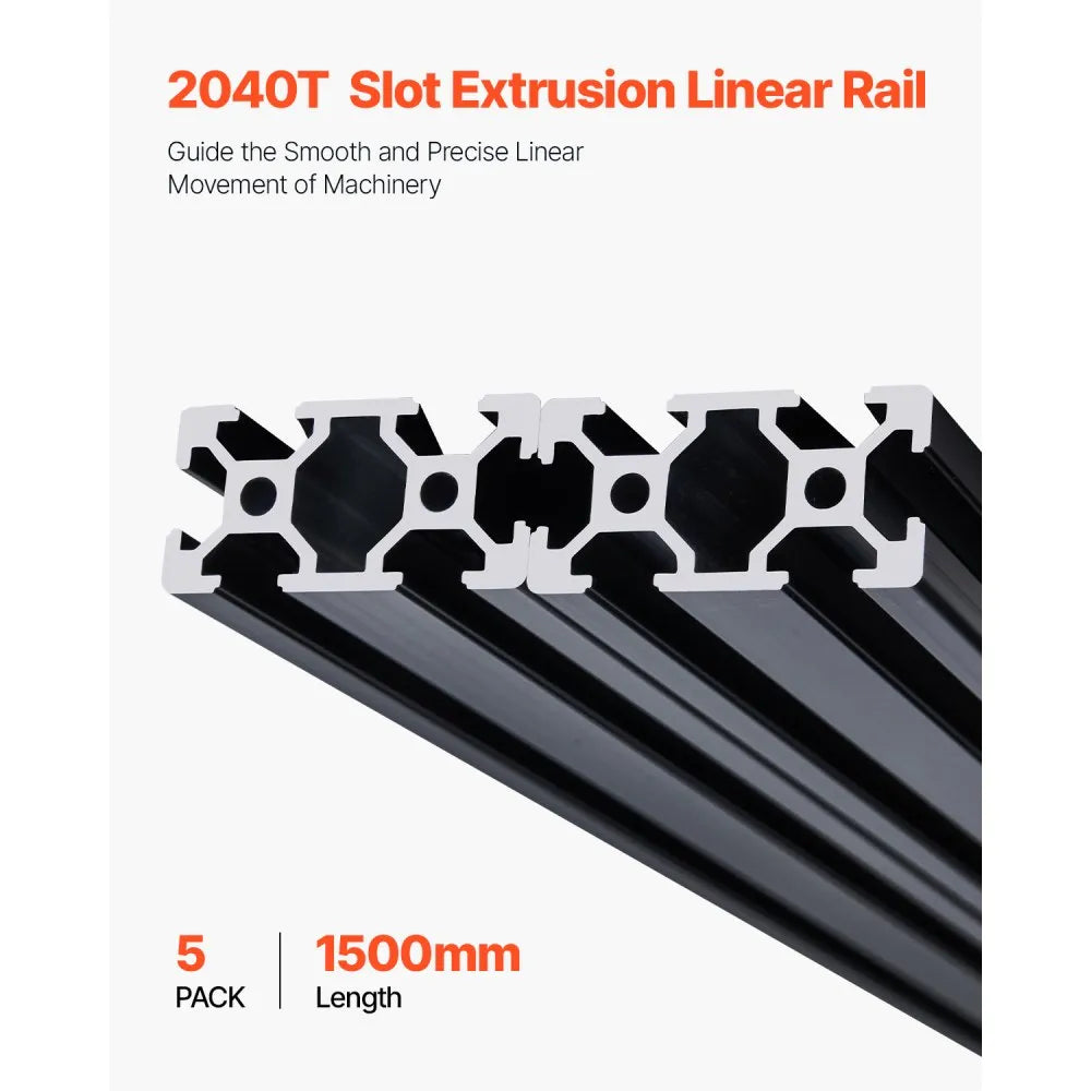 VEVOR 5PCS 2040 Aluminum Extrusion Profile 59" (1500mm) T-Slot Linear Rails, European Standard Anodized 6063-T5 Aluminum for CNC Machines, 3D Printers, Laser Engravers & DIY Projects - Black