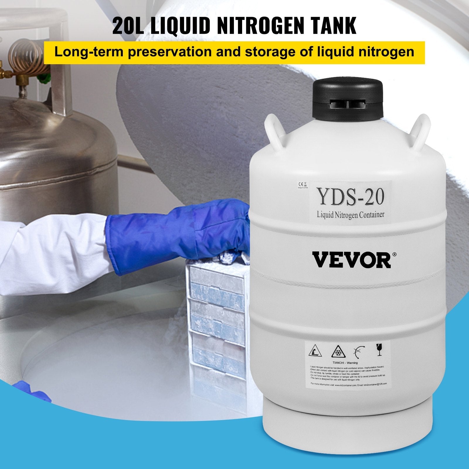20L Liquid Nitrogen Storage Tank Static Cryogenic Container with 6 Canisters 