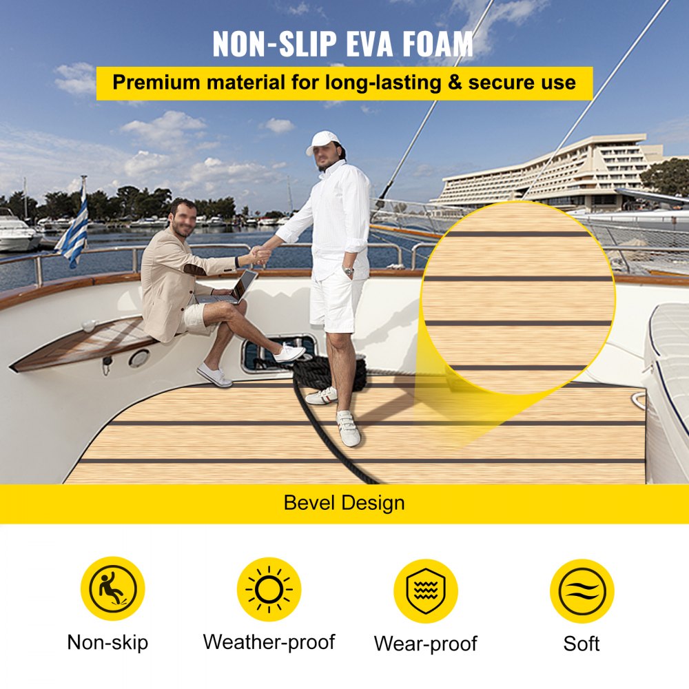 VEVOR Boat Decking Sheet 6MM Thick Non-Skid EVA Foam Faux Teak Decking Self-Adhesive Marine Yacht RV Swimming Pool Garden Boat Flooring Sheet 90.5"x35.4" Flooring Sheet 