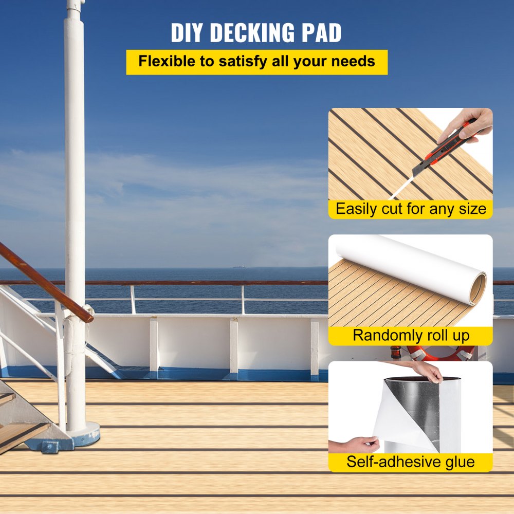 VEVOR Boat Decking Sheet 6MM Thick Non-Skid EVA Foam Faux Teak Decking Self-Adhesive Marine Yacht RV Swimming Pool Garden Boat Flooring Sheet 90.5"x35.4" Flooring Sheet 