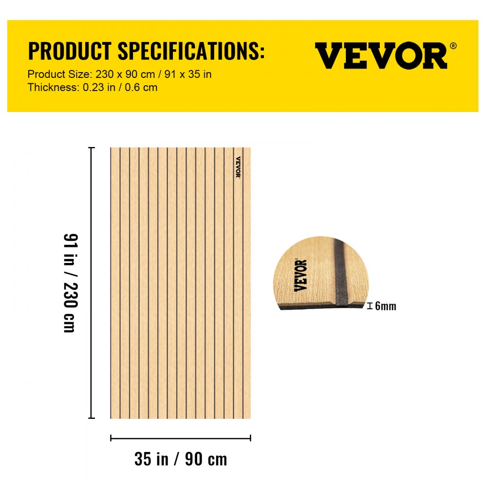 VEVOR Boat Decking Sheet 6MM Thick Non-Skid EVA Foam Faux Teak Decking Self-Adhesive Marine Yacht RV Swimming Pool Garden Boat Flooring Sheet 90.5"x35.4" Flooring Sheet 
